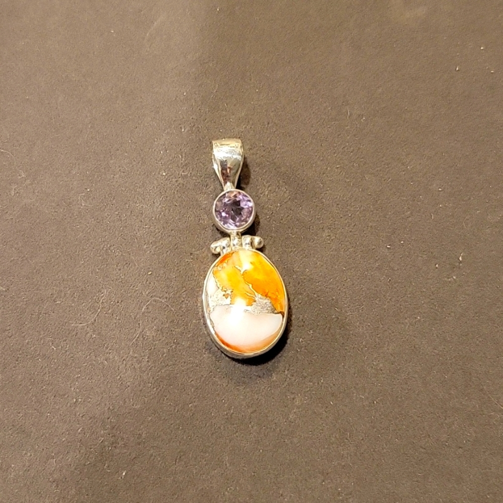 Sterling Silver Spiny Oyster Turquoise and Amethyst Pendant